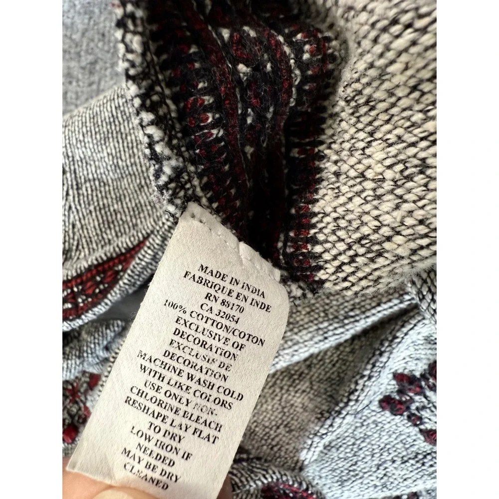 Lucky Brand Embroidered Cowl Neck Sweater Size S Grey Red Boho EUC